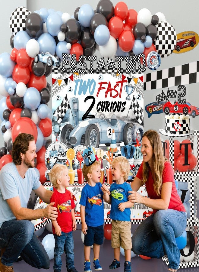 BEOXAGAR Two Fast Birthday Decorations For Boys 2nd Race Car Theme Party Decor Supplies for Baby Party Supplies include Photo Banner Highchair Banner Crown Balloon Boxes Backdrop Tableware Set - Image 2